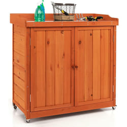 Costway - Armoire de Jardin en Bois Extérieur 2 en 1, Table de Jardinage avec Porte, Etagère Amovible et 4 Roues Universelles Plateau en Acier
