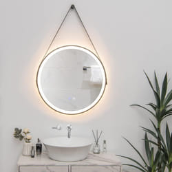 Miroir Salle de Bain de 60 cm avec Sangle en Cuir, Miroir Rond led, Fonction Anti-Buée et Mémoire, Dimmable, 3 Couleurs, Argent - Costway