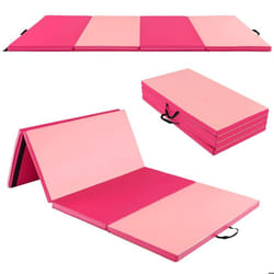 Tapis de Gymnastique Pliable 240x116x5cm COSTWAY-4 Plis en Mousse PU-2 Poignée-Attache Auto-agrippante-Housse Amovible-Rose+Pêche