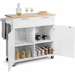 Costway - Dessertes Îlot Central Cuisine avec Table 4 Roues Universelles Porte-Serviettes, Desserte avec 2 Tiroirs et Grand Placard de Rangement