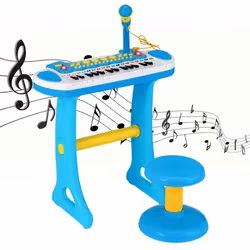 COSTWAY Piano pour Enfants de 3+ Ans avec 31 TouchesTabouretMicrophone Effets Lumineux 8 Tonalités7 Rythmes 45x23x45cm Bleu