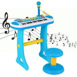 COSTWAY Piano pour Enfants de 3+ Ans avec 31 TouchesTabouretMicrophone Effets Lumineux 8 Tonalités7 Rythmes 45x23x45cm Bleu