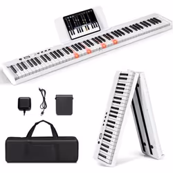Clavier de Piano Numérique 88 Touches Pliable et Portable COSTWAY-Fonction Split-Ecran LCD-2 Haut-parleurs-Batterie Intégré-B ...