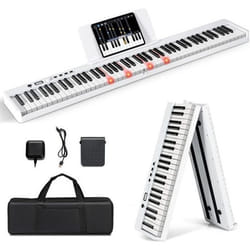 Clavier de Piano Numérique 88 Touches Pliable et Portable COSTWAY-Fonction Split-Ecran LCD-2 Haut-parleurs-Batterie Intégré-Blanc