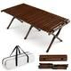 COSTWAY Table de Camping Pliante Portable en Bambou Plateau Enroulable à Latte Sac de Transport Charge 50kg 122 x 60 cm Café