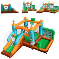 Costway - Château Gonflable avec Toboggan pour Enfants 3-12 Ans Thème Pingouins, Aire de Jeux avec Panier de Basket-Ball Colonne de Boxe, 8 Piquets