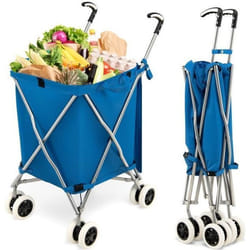Chariot de Courses Pliable COSTWAY-90 L-Freinage et Direction à 360°-Sac Oxford-Imperméable-Cadre en Acier-Capacité de 54kg-Bleu