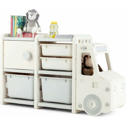 Costway - Meuble de Rangement Jouets pour Enfant en Forme de Camion,Etagère à Jouet en hdpe avec 2 Bac, 2 Tiroirs et 1 Placard,Cadeau pour Salle de