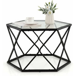 Costway - Table Salon Basse avec Plateau en Verre Trempé, Table d'Appoint Hexagonale avec Espace de Rangement Style Moderne pour Salon Bureau,65 x 56