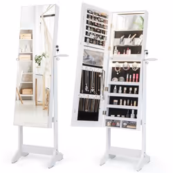 COSTWAY Armoire à Bijoux sur Pied avec Miroir Pleine Longueur et LED 3 Couleurs Verrouillable pour Chambre Vestiaire Blanc
