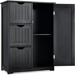 Costway - Meuble de Salle de Bain avec 3 Tiroirs, 1 Placard, Rangement Salle de Bain Étagère Réglable pour Salon, Chambre, Entrée, 58x28x81cm-Noir