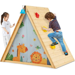Costway - Cabane de Jardin Enfants avec Mur d'escalade, Maison de Jeu 2 en 1 avec Cloche en Bois de Sapin, Exterieur Intérieur, Charge 30KG, Adapté
