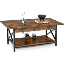 Table Basse à 2 Niveaux, 110 x 60 x 48 cm, avec Cadre Métallique en Forme x, Pieds Réglables, Style Industrielle, Marron - Costway