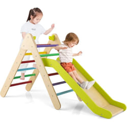 COSTWAY 2 en 1 Triangle d'escalade Enfant avec Toboggan, Cadre d'escalade en Bois Moderne avec Inclinaison Réglable, Jouet d'escalade pour
