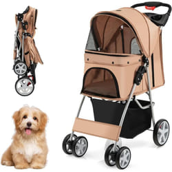Costway - Poussette pour Chien Pliable à 4 Roues Charge 15KG, Chariot pour Chat Portable avec Panier de Rangement Fenêtre en Maille, pour Animaux de