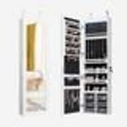 COSTWAY Armoire à Bijoux Murale LED Miroir6 Tiroirs Hauteur du Crochet Ajustable 120x365x115CM en Bois Blanc