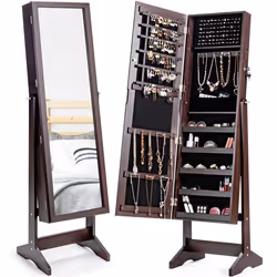 COSTWAY Armoire à Bijoux sur Pied avec Miroir Psyché Inclinable à 4 Angles Rangement et Présentoir pour Bijoux Marron