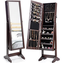 COSTWAY Armoire à Bijoux sur Pied avec Miroir Psyché Inclinable à 4 Angles Rangement et Présentoir pour Bijoux Marron