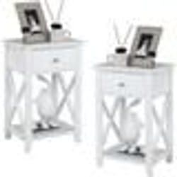 COSTWAY Lot de 2 Table de Chevet avec Tiroir et Étagère Ouverte 40 x 30 x 615 cm Table dAppoint Salon Chambre Bureau Blanc