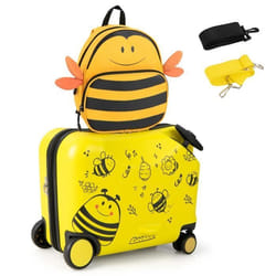 COSTWAY Valise Enfants à Roulettes 18” avec Sac à Dos 12” Roues Coque Imperméable Poignée Rétractable dabeille 3 Ans+ Jaune