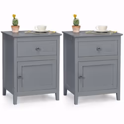 COSTWAY Lot de 2 Table de Chevet avec Tiroir et Grand Placard 48 x 38 x 635 CM Table de Nuit avec Pieds en Bois Massif Gris