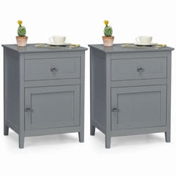 COSTWAY Lot de 2 Table de Chevet avec Tiroir et Grand Placard 48 x 38 x 635 CM Table de Nuit avec Pieds en Bois Massif Gris