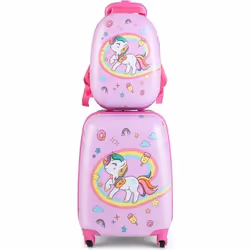 COSTWAY Valise Enfant à Roulettes 16’’ + Sac à dos 12’’ Ensemble de Bagage Enfants avec Motif Licorne pour voyages en avion R ...