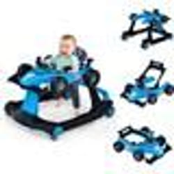 COSTWAY Trotteur Bébé Pliable Musical 4 en 1 Apparence de Voiture Pousseur Hauteur et Vitesse Réglables avec Lumière Volant Bleu