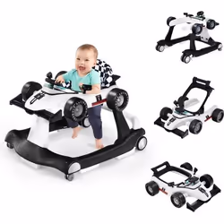 COSTWAY Trotteur Bébé Pliable Musical 4 en 1 Apparence de Voiture Pousseur Hauteur et Vitesse Réglables avec Lumière Volant B ...