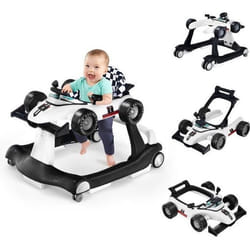COSTWAY Trotteur Bébé Pliable Musical 4 en 1 Apparence de Voiture Pousseur Hauteur et Vitesse Réglables avec Lumière Volant Blanc