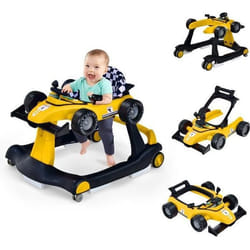 COSTWAY Trotteur Bébé Pliable Musical 4 en 1 Apparence de Voiture Pousseur Hauteur et Vitesse Réglables avec Lumière Volant Jaune