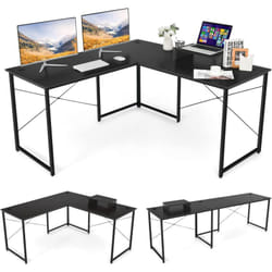 COSTWAY Bureau d'angle en L Réversible avec Support de Moniteur/Poste de Travail Industriel pour 2 Personnes avec 3 Trous de Câble-Assemblage