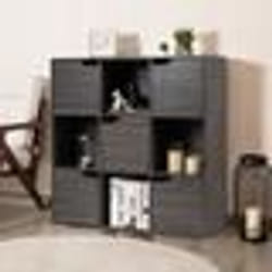 COSTWAY Bibliothèque à 3 Niveaux Meuble de Rangement avec 5 Portes Idéal pour Salon Chambre Entrée 90 x 29 x 90 cm Gris