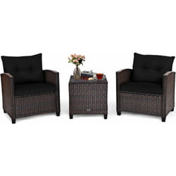 COSTWAY Salon de Jardin en Rotin - 3 Pièces - Charge 180KG - 2 Fauteuils et Table Basse avec Plateau en Verre Trempé – Noir