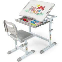 Bureau pour Enfant, Hauteur Réglable, Inclinable 0-45°, Ensemble Table et Chaise avec Plateau, Tiroir Gris - Costway