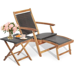 Costway - Chaise Longue en Rotin et Bois d'Acacia Certifié fsc avec Repose-Pied Rétractable et Accoudoirs Charge 160KG, Bain de Soleil avec Table