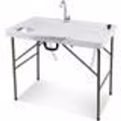 COSTWAY Table de Camping Pliante avec 2 Éviers Robinet Rotatif à 360° pour Nettoyage de Poisson en Acier&HDPE Charge 150KG Bl ...