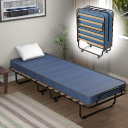 Lit Pliant sur Roulettes, 80 x 190 cm, Lit d'Appoint avec Matelas en Mousse 6,5 cm pour Maison et Bureau, Fabriqué en Italie, Bleu - Costway