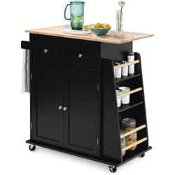Costway - Desserte de Cuisine sur roulettes/Chariot de Cuisine Plateau en Bois d'hévéa, Porte-Serviettes, 1 Tiroir et Armoire avec Étagère Réglable