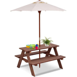 Table de Pique-Nique Enfants en Bois avec Parasol Amovible 89x79x50cm, Table d'Activités Enfants avec 1 Table et 2 Bancs pour Jardin Terrasse Patio