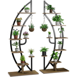 Costway - Lot de 2 Étagères à Fleurs en Métal à 7 Niveaux Porte Plantes en Forme de Demi-lune avec Dispositif Anti-renversement