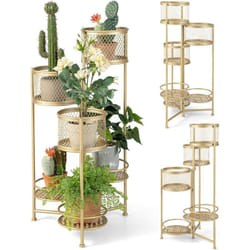 Costway - Support de Plantes Pliant en Métal 6 Niveaux Dorées Charge 10KG, Support de Pot de Fleurs avec 3 Pots et 3 Plateaux Ajourés pour Coin de