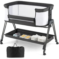 COSTWAY Lit Cododo Berceau Bébé avec Matelas, 4 Roues Verrouillables, Sangles AttachéEtagère de Rangement, 7 Hauteurs Réglables, 9kg