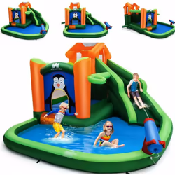Costway - Château Gonflable avec Toboggans Aquatiques, Aire de Jeux Gonflable Piscine avec Motif de Pingouin, Canon à Eau, Panier de Basket-Ball 3 à