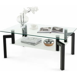 COSTWAY Table Basse Transparente en Verre trempé à 2 Niveaux, Table Basse Salon Moderne Rectangulaire à 4 Pieds en Fer, pour Salon, Salle de Séjour,