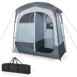 Tente de Douche Portable 2 Personnes COSTWAY en 2 Chambres avec Bâche de Pluie Amovible Corde à Linge Crochet 210x107x210cm Gris