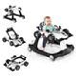 COSTWAY Trotteur Bébé Musical Pliable 4 en 1 Apparence de Voiture Pousseur Hauteur et Vitesse Réglables avec Lumière Volant Blanc
