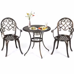Matériau : Fonte d’aluminium, acier inoxydable Dimension de la table : φ 69 cm x H 68 cm Dimension de la chaise : L 52 x l 53 ...