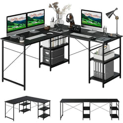 Bureau d'Angle - 151 x 151 x 75 cm - Ajustable à Bureau Droit,4 Etagère de Rangement,Grand Table pour 2 Personnes Noir - Costway
