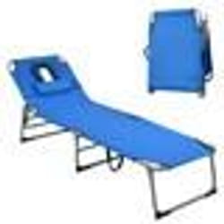 COSTWAY Chaise Longue Pliante avec Appuie-tête et Cavité Faciale Dossier Réglable à 5 Positions Terrasse Camping 150 kg Bleu